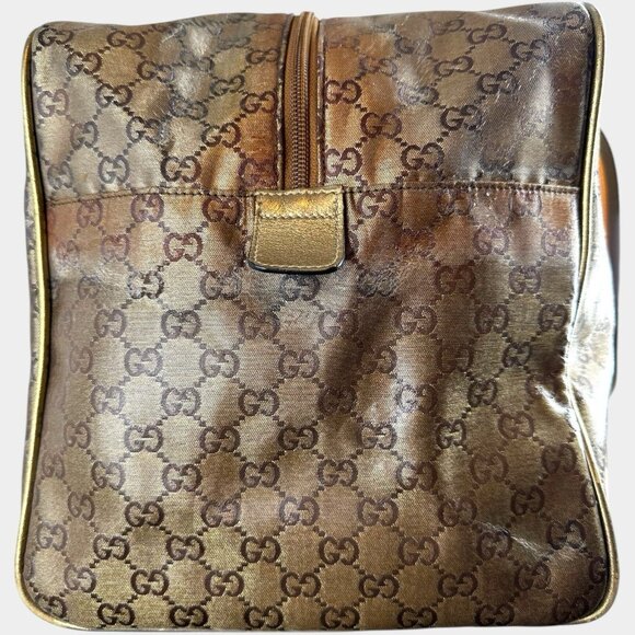 Authentic Gucci GG Boston Bag Canvas Holdall Bag, Gold Web Straps Travel Bag - Picture 7 of 13